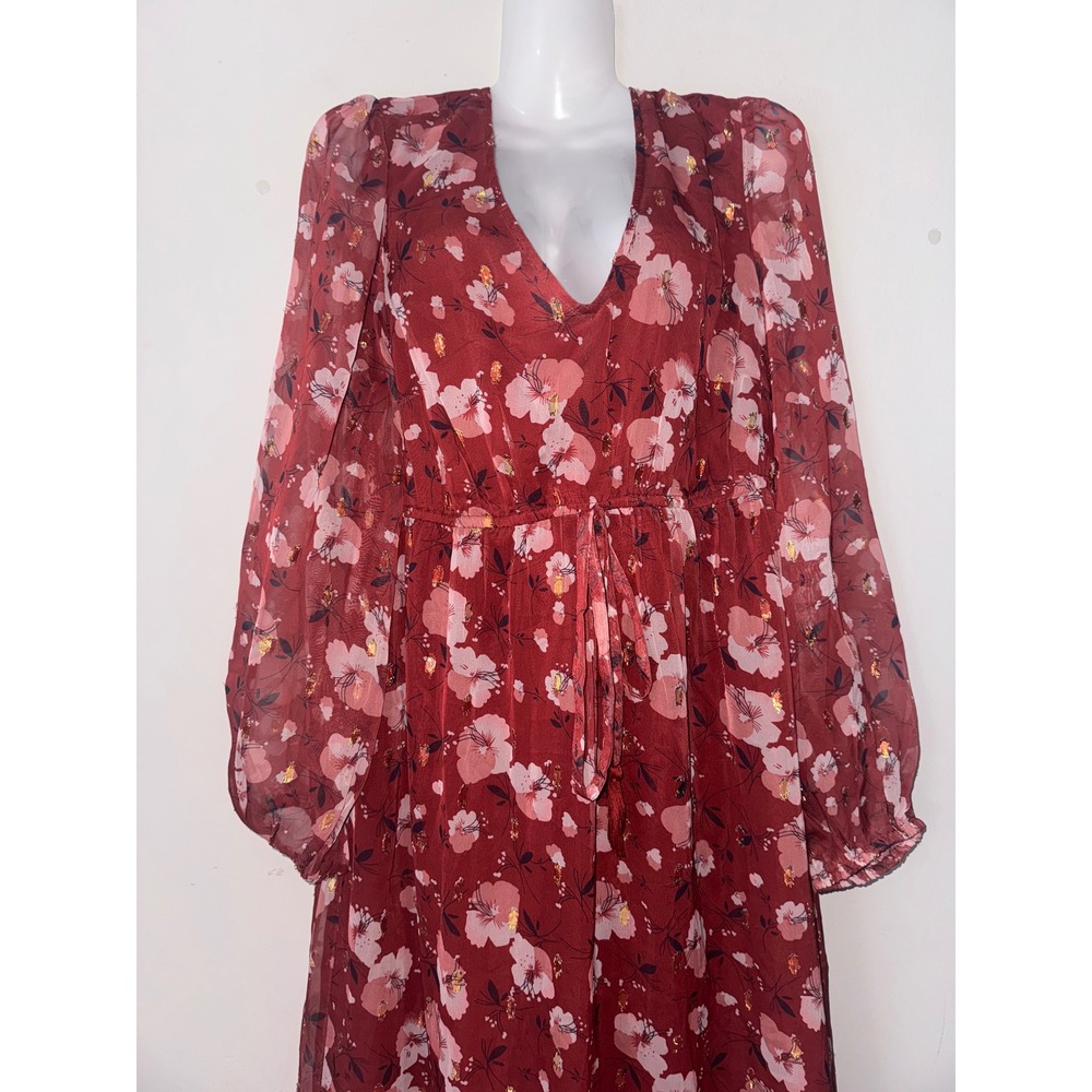 Floral Midi Dress Long Sleeve V Neck Ruffle Hem Burgundy‎ M - Picture 2 of 11